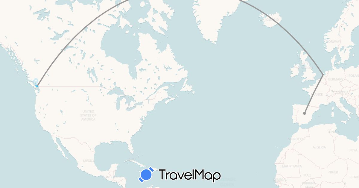 TravelMap itinerary: driving, plane, boat in Canada, Spain, France (Europe, North America)