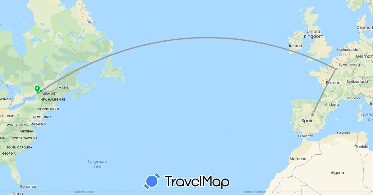 TravelMap itinerary: bus, plane in Canada, Spain, France (Europe, North America)