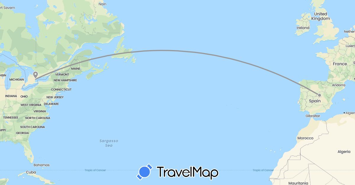 TravelMap itinerary: driving, plane in Canada, Spain (Europe, North America)