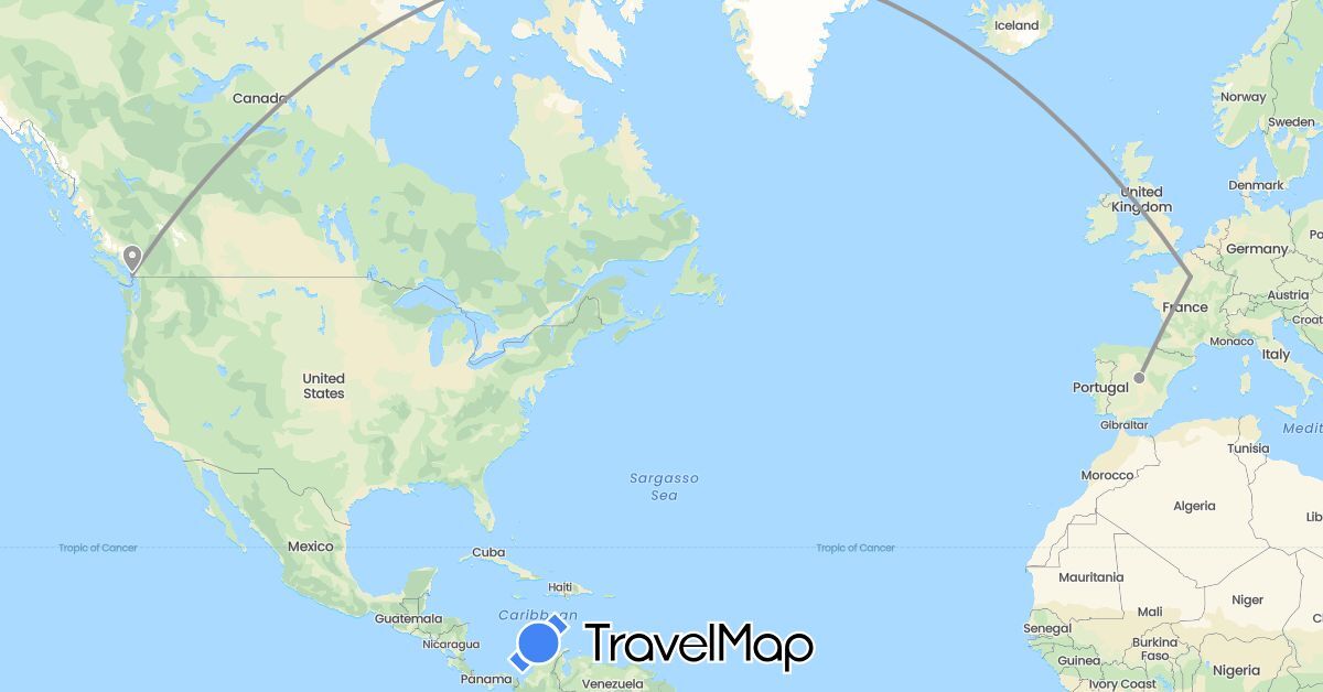 TravelMap itinerary: driving, plane in Canada, Spain, France (Europe, North America)