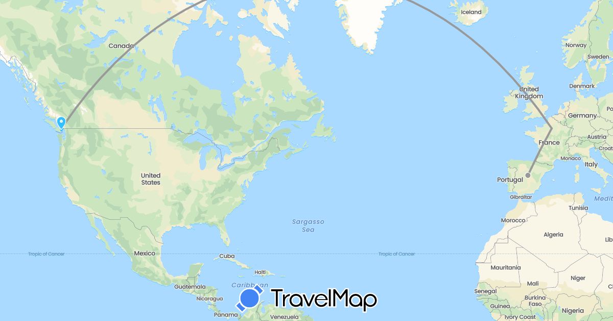TravelMap itinerary: driving, bus, plane, boat in Canada, Spain, France (Europe, North America)